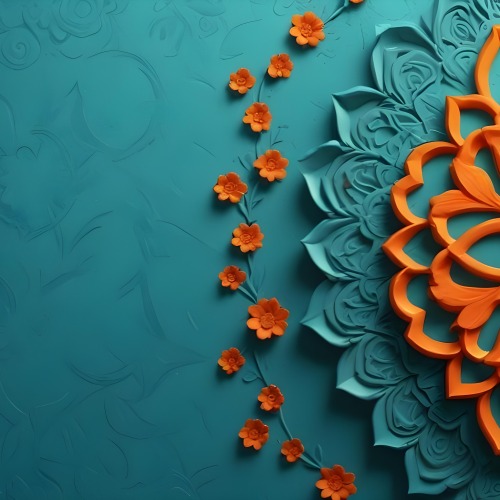 Digital Painting Turquoise Background With Embossed Floral Pattern On The Left Orange Flowers In The Center And A Turquoise And Orange Mandala On The Right Bold And Slim Lines Brush Strokes 21 B820