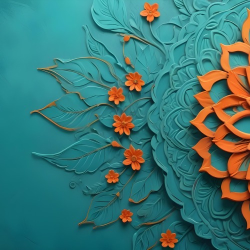 Digital Painting Turquoise Background With Embossed Floral Pattern On The Left Orange Flowers In The Center And A Turquoise And Orange Mandala On The Right Bold And Slim Lines Brush Strokes 22 3286
