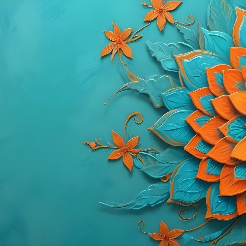 Digital Painting Turquoise Background With Embossed Floral Pattern On The Left Orange Flowers In The Center And A Turquoise And Orange Mandala On The Right Bold And Slim Lines Brush Strokes 24 F58d