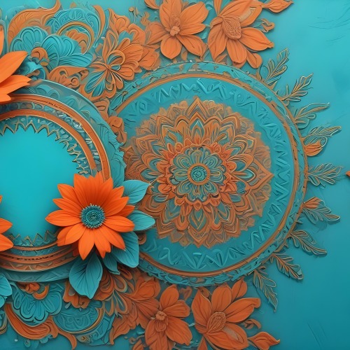 Digital Painting Turquoise Background With Embossed Floral Pattern On The Left Orange Flowers In The Center And A Turquoise And Orange Mandala On The Right Bold And Slim Lines Brush Strokes 29 309d