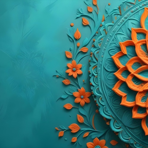 Digital Painting Turquoise Background With Embossed Floral Pattern On The Left Orange Flowers In The Center And A Turquoise And Orange Mandala On The Right Bold And Slim Lines Brush Strokes 3 3552