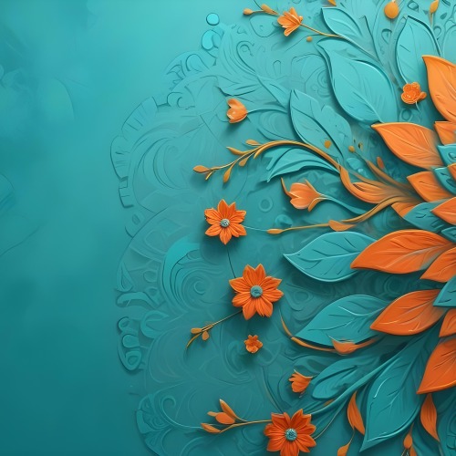 Digital Painting Turquoise Background With Embossed Floral Pattern On The Left Orange Flowers In The Center And A Turquoise And Orange Mandala On The Right Bold And Slim Lines Brush Strokes 33 Ec11