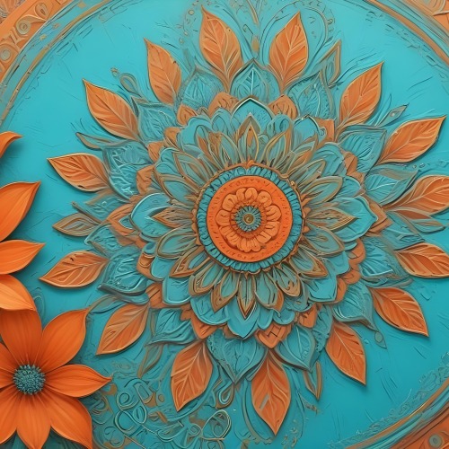 Digital Painting Turquoise Background With Embossed Floral Pattern On The Left Orange Flowers In The Center And A Turquoise And Orange Mandala On The Right Bold And Slim Lines Brush Strokes 36 595e