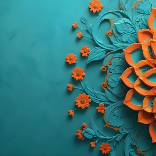 Digital Painting Turquoise Background With Embossed Floral Pattern On The Left Orange Flowers In The Center And A Turquoise And Orange Mandala On The Right Bold And Slim Lines Brush Strokes 38 3fcc