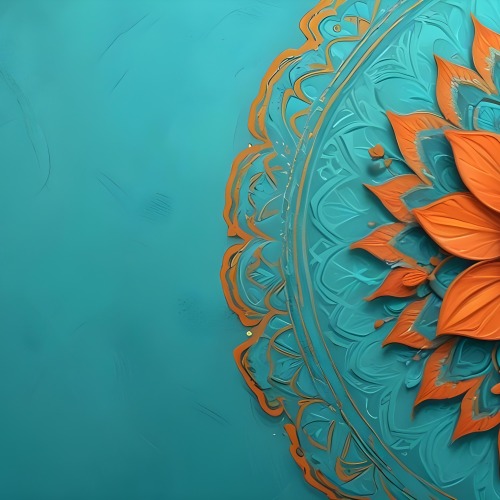 Digital Painting Turquoise Background With Embossed Floral Pattern On The Left Orange Flowers In The Center And A Turquoise And Orange Mandala On The Right Bold And Slim Lines Brush Strokes 39 B028