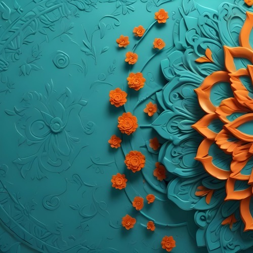 Digital Painting Turquoise Background With Embossed Floral Pattern On The Left Orange Flowers In The Center And A Turquoise And Orange Mandala On The Right Bold And Slim Lines Brush Strokes 4 528b