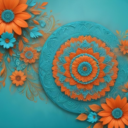 Digital Painting Turquoise Background With Embossed Floral Pattern On The Left Orange Flowers In The Center And A Turquoise And Orange Mandala On The Right Bold And Slim Lines Brush Strokes 42 F3f6
