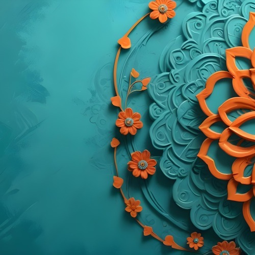 Digital Painting Turquoise Background With Embossed Floral Pattern On The Left Orange Flowers In The Center And A Turquoise And Orange Mandala On The Right Bold And Slim Lines Brush Strokes 44 D5de