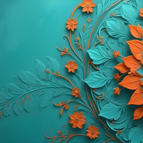 Digital Painting Turquoise Background With Embossed Floral Pattern On The Left Orange Flowers In The Center And A Turquoise And Orange Mandala On The Right Bold And Slim Lines Brush Strokes 45 202b