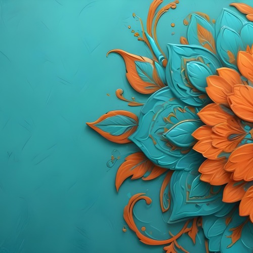 Digital Painting Turquoise Background With Embossed Floral Pattern On The Left Orange Flowers In The Center And A Turquoise And Orange Mandala On The Right Bold And Slim Lines Brush Strokes 46 08f9