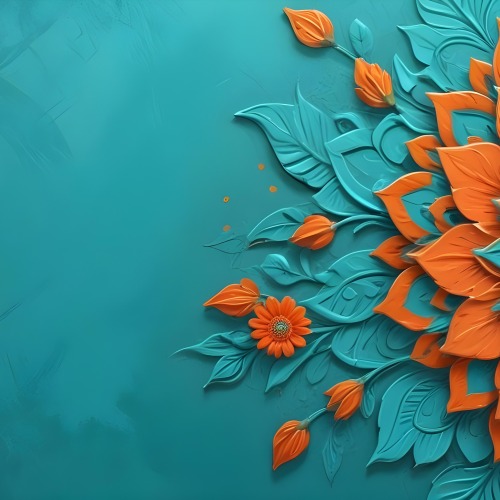Digital Painting Turquoise Background With Embossed Floral Pattern On The Left Orange Flowers In The Center And A Turquoise And Orange Mandala On The Right Bold And Slim Lines Brush Strokes 47 360b