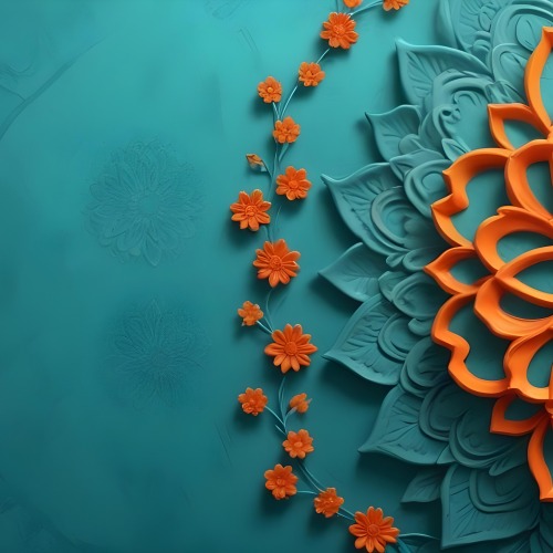 Digital Painting Turquoise Background With Embossed Floral Pattern On The Left Orange Flowers In The Center And A Turquoise And Orange Mandala On The Right Bold And Slim Lines Brush Strokes 48 B300