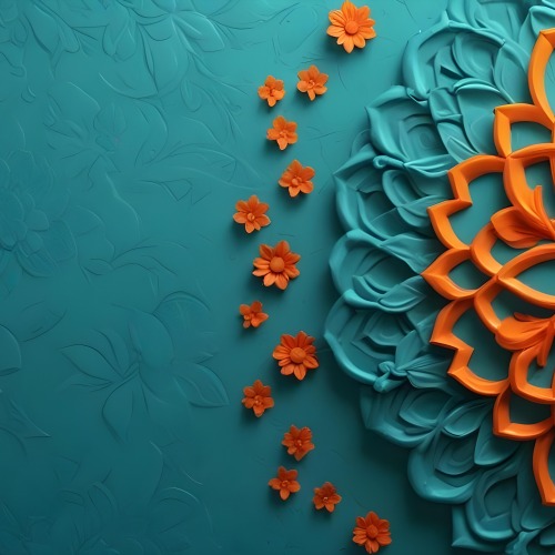 Digital Painting Turquoise Background With Embossed Floral Pattern On The Left Orange Flowers In The Center And A Turquoise And Orange Mandala On The Right Bold And Slim Lines Brush Strokes 49 4f5f