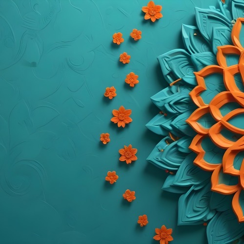 Digital Painting Turquoise Background With Embossed Floral Pattern On The Left Orange Flowers In The Center And A Turquoise And Orange Mandala On The Right Bold And Slim Lines Brush Strokes 5 60f7