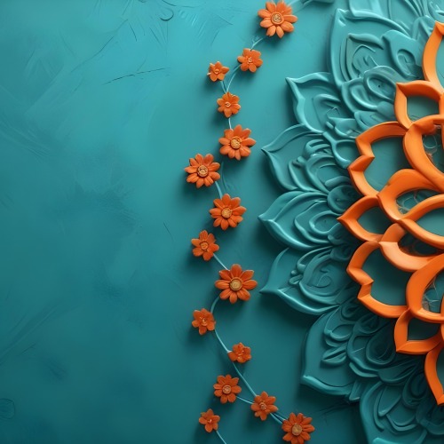 Digital Painting Turquoise Background With Embossed Floral Pattern On The Left Orange Flowers In The Center And A Turquoise And Orange Mandala On The Right Bold And Slim Lines Brush Strokes 50 B453