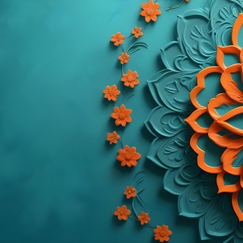 Digital Painting Turquoise Background With Embossed Floral Pattern On The Left Orange Flowers In The Center And A Turquoise And Orange Mandala On The Right Bold And Slim Lines Brush Strokes 6 3676