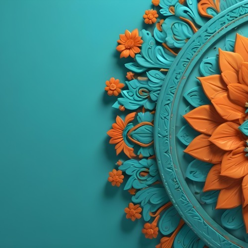Digital Painting Turquoise Background With Embossed Floral Pattern On The Left Orange Flowers In The Center And A Turquoise And Orange Mandala On The Right Bold And Slim Lines Brush Strokes 7 Bb4d
