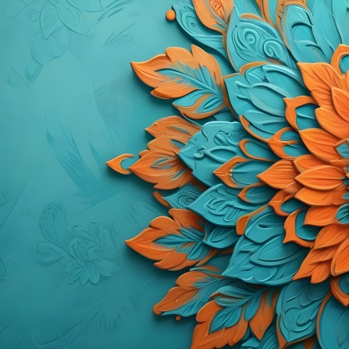 Digital Painting Turquoise Background With Embossed Floral Pattern On The Left Orange Flowers In The Center And A Turquoise And Orange Mandala On The Right Bold And Slim Lines Brush Strokes 8 E9d1