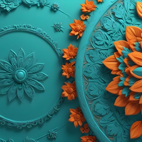 Digital Painting Turquoise Background With Embossed Floral Pattern On The Left Orange Flowers In The Center And A Turquoise And Orange Mandala On The Right Bold And Slim Lines Brush Strokes 9 Cb76