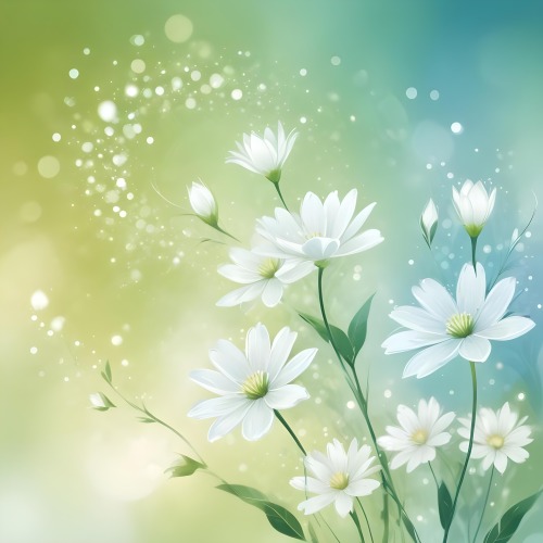 Digital Painting White Flowers With Circular Patterns On A Gradient Background Of Green And Blue Creating A Soft Bokeh Effect With Blurred Lights Bold And Slim Lines Brush Strokes 12 3b53
