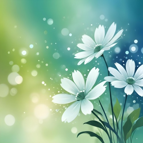 Digital Painting White Flowers With Circular Patterns On A Gradient Background Of Green And Blue Creating A Soft Bokeh Effect With Blurred Lights Bold And Slim Lines Brush Strokes 14 00a9