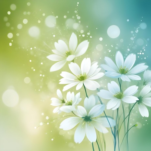 Digital Painting White Flowers With Circular Patterns On A Gradient Background Of Green And Blue Creating A Soft Bokeh Effect With Blurred Lights Bold And Slim Lines Brush Strokes 15 0e8f