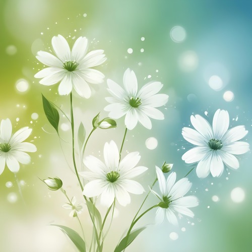 Digital Painting White Flowers With Circular Patterns On A Gradient Background Of Green And Blue Creating A Soft Bokeh Effect With Blurred Lights Bold And Slim Lines Brush Strokes 18 4e0b