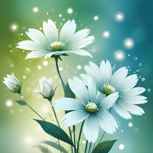 Digital Painting White Flowers With Circular Patterns On A Gradient Background Of Green And Blue Creating A Soft Bokeh Effect With Blurred Lights Bold And Slim Lines Brush Strokes 2 F341