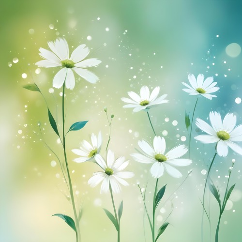 Digital Painting White Flowers With Circular Patterns On A Gradient Background Of Green And Blue Creating A Soft Bokeh Effect With Blurred Lights Bold And Slim Lines Brush Strokes 21 0231