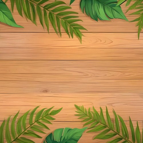 Green Leaves And Fern Leaves On A Wooden Background Top View Flat Lay Tropical Bright Colors Cartoon Style Vector Illustration 12 F903