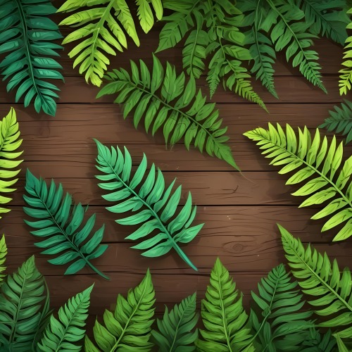 Green Leaves And Fern Leaves On A Wooden Background Top View Flat Lay Tropical Bright Colors Cartoon Style Vector Illustration 13 301b