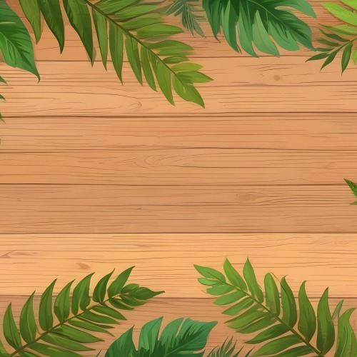 Green Leaves And Fern Leaves On A Wooden Background Top View Flat Lay Tropical Bright Colors Cartoon Style Vector Illustration 14 A671