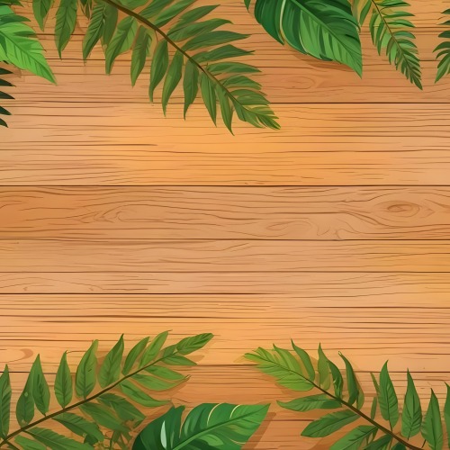 Green Leaves And Fern Leaves On A Wooden Background Top View Flat Lay Tropical Bright Colors Cartoon Style Vector Illustration 15 4760