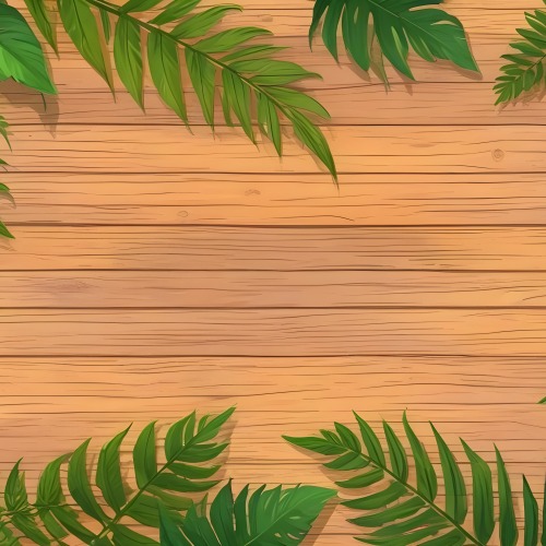Green Leaves And Fern Leaves On A Wooden Background Top View Flat Lay Tropical Bright Colors Cartoon Style Vector Illustration 16 Ef0e