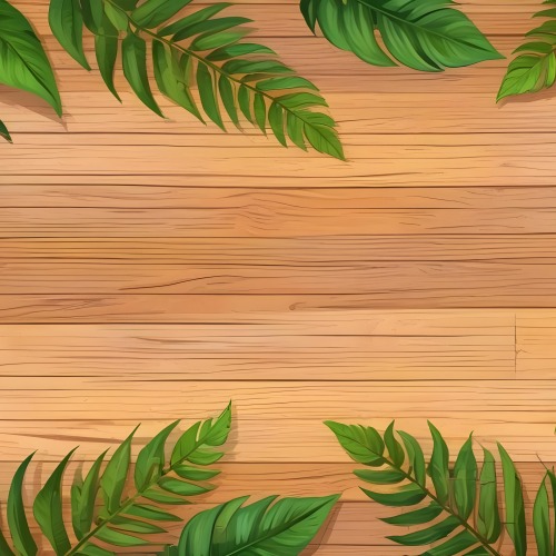 Green Leaves And Fern Leaves On A Wooden Background Top View Flat Lay Tropical Bright Colors Cartoon Style Vector Illustration 18 430b