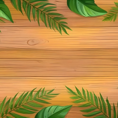 Green Leaves And Fern Leaves On A Wooden Background Top View Flat Lay Tropical Bright Colors Cartoon Style Vector Illustration 2 E435