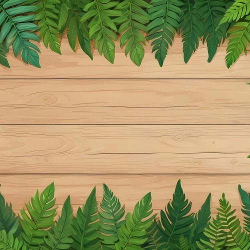 Green Leaves And Fern Leaves On A Wooden Background Top View Flat Lay Tropical Bright Colors Cartoon Style Vector Illustration 20 Edbd