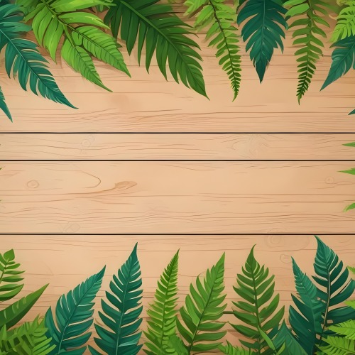 Green Leaves And Fern Leaves On A Wooden Background Top View Flat Lay Tropical Bright Colors Cartoon Style Vector Illustration 21 F33b