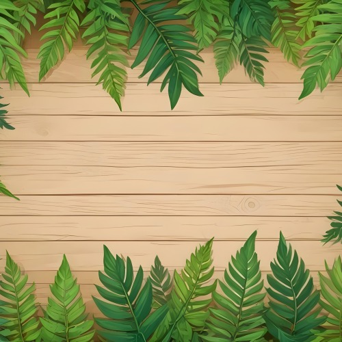 Green Leaves And Fern Leaves On A Wooden Background Top View Flat Lay Tropical Bright Colors Cartoon Style Vector Illustration 22 89fe