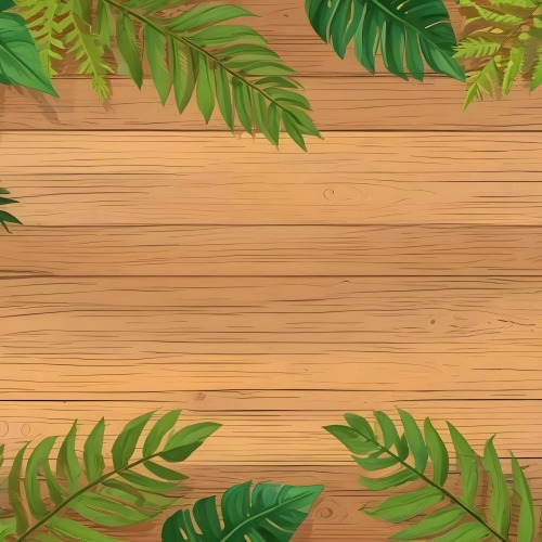Green Leaves And Fern Leaves On A Wooden Background Top View Flat Lay Tropical Bright Colors Cartoon Style Vector Illustration 23 6b41