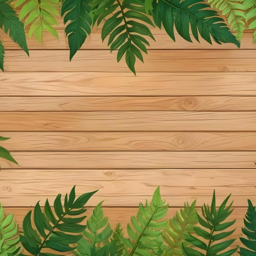 Green Leaves And Fern Leaves On A Wooden Background Top View Flat Lay Tropical Bright Colors Cartoon Style Vector Illustration 25 8a02