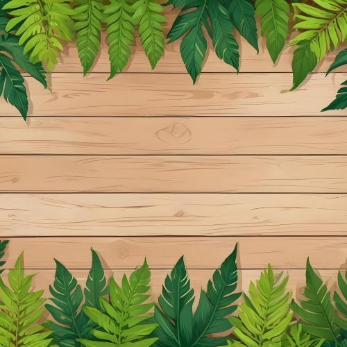 Green Leaves And Fern Leaves On A Wooden Background Top View Flat Lay Tropical Bright Colors Cartoon Style Vector Illustration 26 65f9