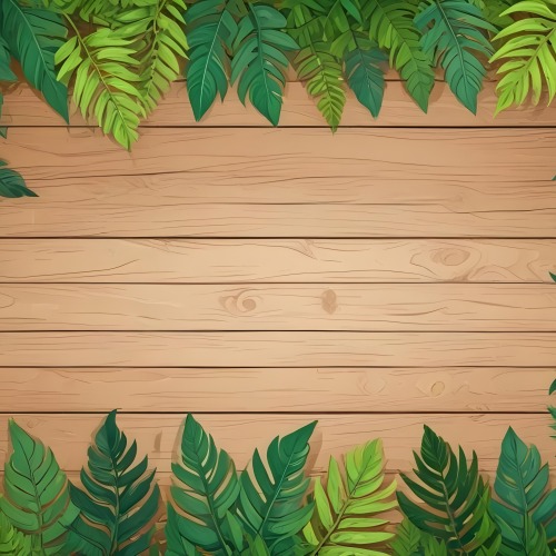 Green Leaves And Fern Leaves On A Wooden Background Top View Flat Lay Tropical Bright Colors Cartoon Style Vector Illustration 27 1577