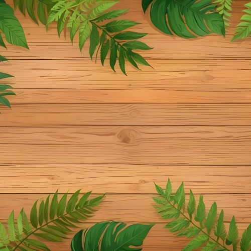 Green Leaves And Fern Leaves On A Wooden Background Top View Flat Lay Tropical Bright Colors Cartoon Style Vector Illustration 29 F1a0