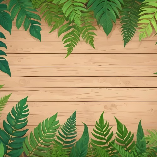 Green Leaves And Fern Leaves On A Wooden Background Top View Flat Lay Tropical Bright Colors Cartoon Style Vector Illustration 3 0eb2