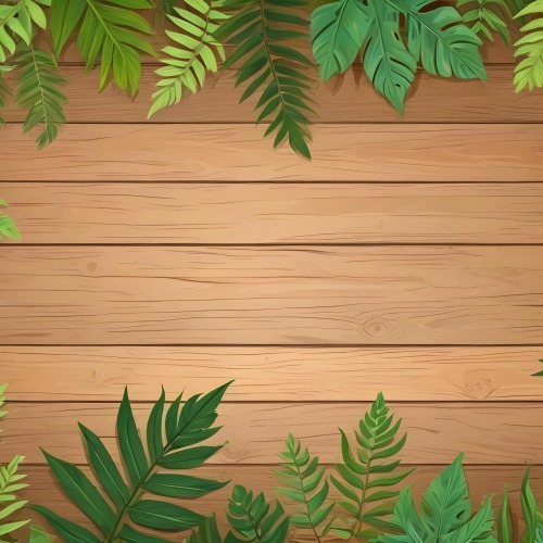 Green Leaves And Fern Leaves On A Wooden Background Top View Flat Lay Tropical Bright Colors Cartoon Style Vector Illustration 30 1138