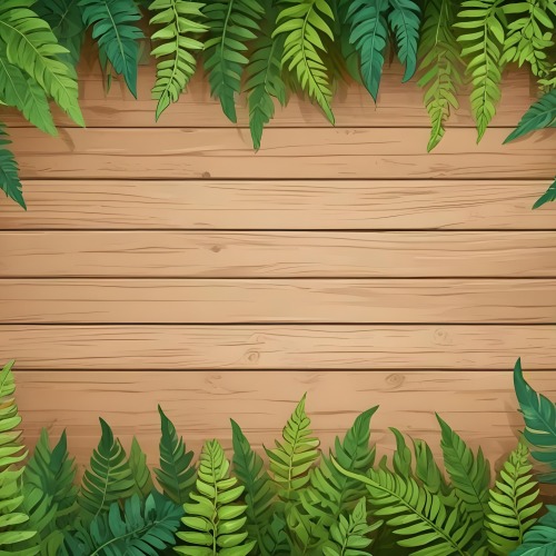 Green Leaves And Fern Leaves On A Wooden Background Top View Flat Lay Tropical Bright Colors Cartoon Style Vector Illustration 33 C0af