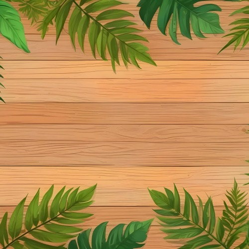 Green Leaves And Fern Leaves On A Wooden Background Top View Flat Lay Tropical Bright Colors Cartoon Style Vector Illustration 34 E886
