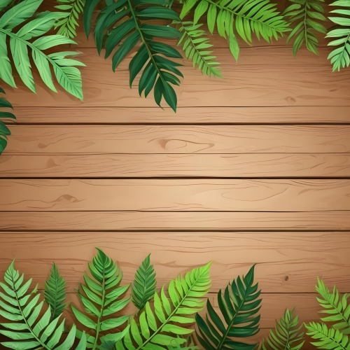 Green Leaves And Fern Leaves On A Wooden Background Top View Flat Lay Tropical Bright Colors Cartoon Style Vector Illustration 37 8380
