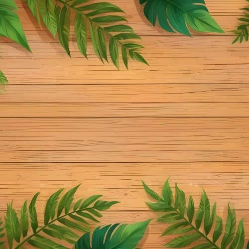 Green Leaves And Fern Leaves On A Wooden Background Top View Flat Lay Tropical Bright Colors Cartoon Style Vector Illustration 4 F2cd